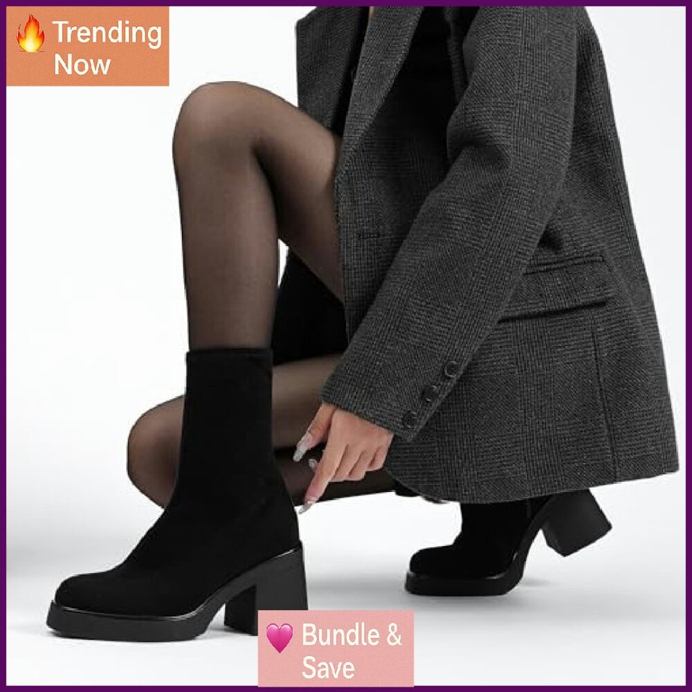 Square Toe Platform Booties Suede Zip Chunky Heel… - image 3